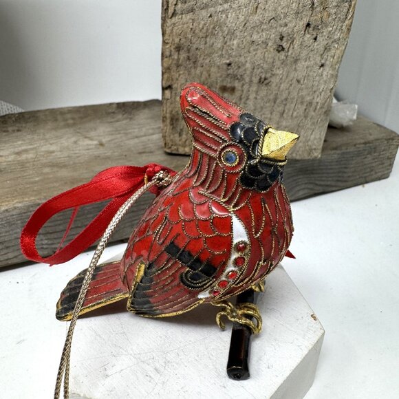 Vintage Red  Cloisonné Enamel Jeweled Cardinal Ornament Gold Trim - Picture 7 of 8